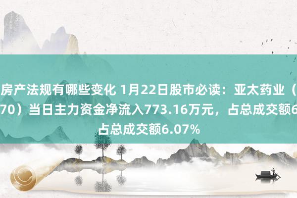 房产法规有哪些变化 1月22日股市必读：亚太药业（002370）当日主力资金净流入773.16万元，占总成交额6.07%